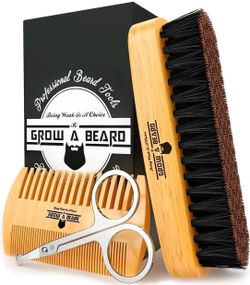 Beard Brush for Men & Beard Comb Set w/Mustache Scissors Grooming Kit, Natural Boar Bristle Brush, Dual Action Wood Comb, and Travel Bag Great for Chr