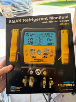 Fieldpiece SMAN refrigerant manifold, and professional vacuum pump