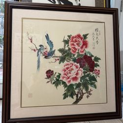 Framed Chinese Bird & Peony Painting – Handcrafted Wall Art手工国画