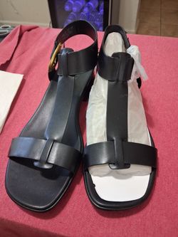 Black Leather T-Strap Sandals with Gold Buckle