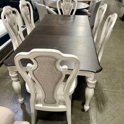 7pc Dining Table Set - Farmhouse Style 2 Tone Table & Chairs