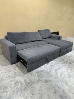 Sofa Bed Couch Sebastian Slate Grey Fabric 111" 2 Piece Convertible Futon Sleeper Sectional with Right Arm Facing Storage Chaise | Track Arms