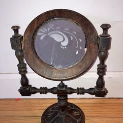 Antique pedestal, shaving mirror. 