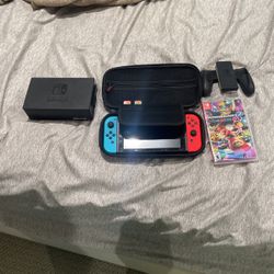 Nintendo Switch With Case Mario Cart, Animal Crossing And Super Mario 3d With Charger.