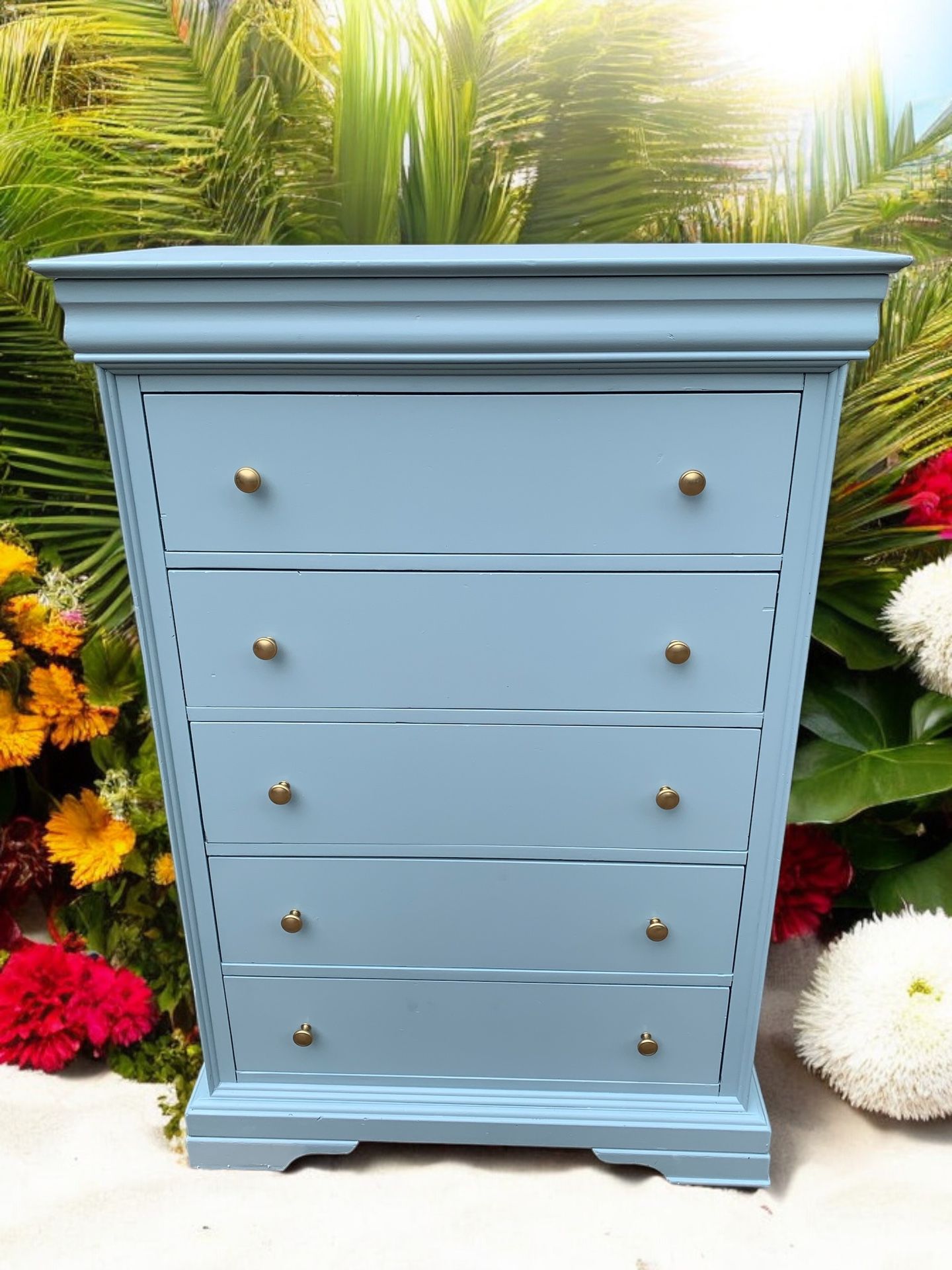 Large Solid Wood Bedroom Tall Dresser / Chest & Mirror Soft Blue 36x20x53 New