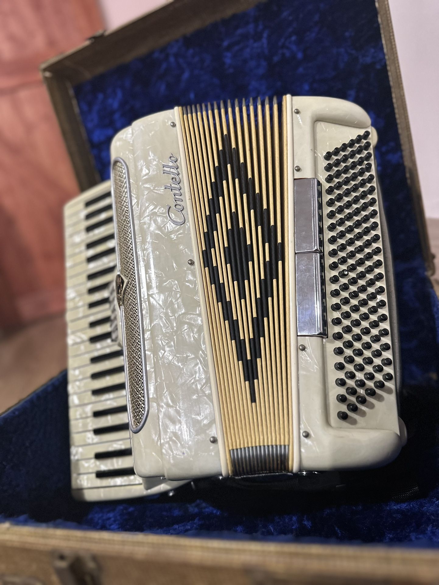 Vintage Contello Accordion With Keyboard And Bass Button Board With Case, White Mother Of Pearl