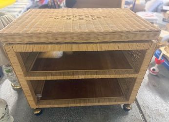 Vintage Boho Rattan Wicker Swivel Top Bar Cart / TV Stand