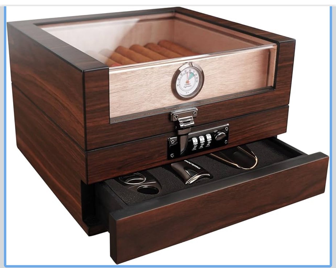 Cigar Humidor, Handcrafted Top 270° Spanish Cedar Cigar Box with Easy Humidification System, Accurate Hygrometer for 25 Cigars (25-60 Cigars)