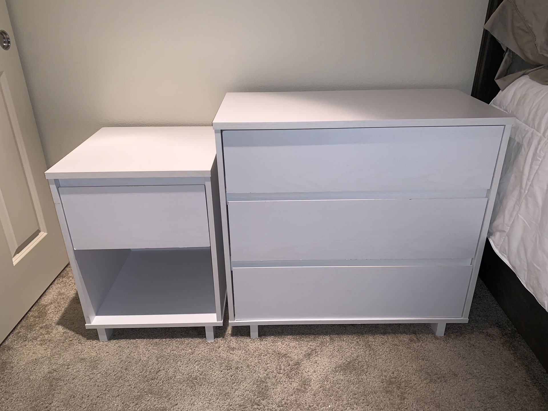 3 drawer dresser & night stand - white (see pics for dimensions & material)