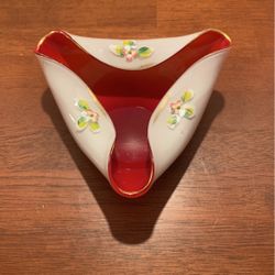 Vintage Nasco Japan Tri Fold Glass Trinket Bowl Dish w/ Hand Painted Flowers  9” X 6 1/2”  L20