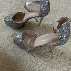 Silver Sparkle Decor Peep Toe Stiletto Heeled Ankle Strap Pumps Size 8.5/ Eu39