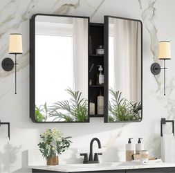 Bathroom Medicine Cabinet with Mirror 24 x 30 Inch, Black Medicine Cabinet Recessed or Surface Wall-Mounted, Mirrored Cabinets with Sturdy Metal Adjus