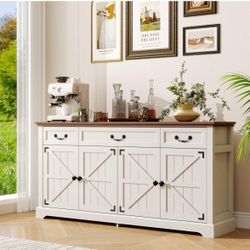 Z-65" Farmhouse Sidebord Buffet Cabinet with 3 Drawers & 4 Doors, Large Kitchen Storage Cabinet and Wood Coffee Bar Table for Dining Room, Living Room