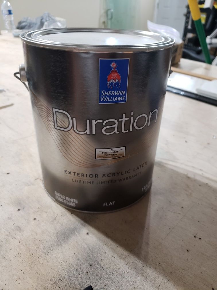 6 gallons Sherwin Williams Duration exterior paint untinted, flat sheen