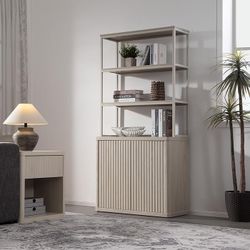 Book Shelf Fluted Bookshelf 71" Tall Bookcase with Doors Storage 5 Tier Mid Century Modern Bookshelves Large Shelves Metal Book Cases for Living Room 