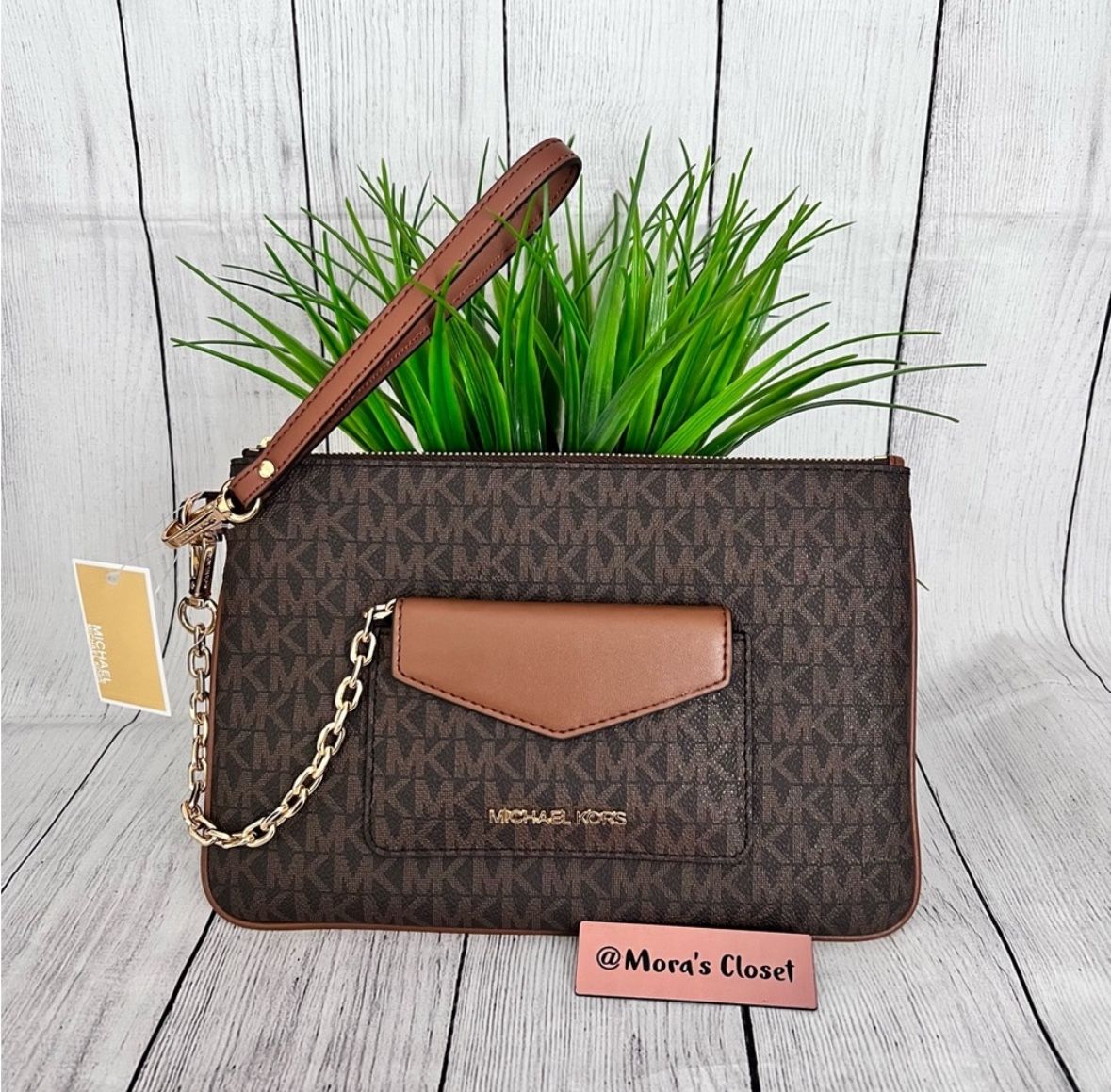 MICHAEL KORS JET SET ITEM BROWN LG 2N1 NWT CARD CASE & WRISTLET/WALLET