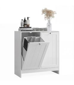 Tilt-Out Dual Laundry Storage Hamper Cabinet, White, with 2 Hamper.