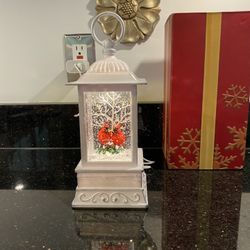 Christmas Cardinals Snow Globe Lantern Light Glitter + Music USB & Battery Op.