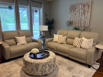 Gray Genuine Leather Power Reclining Sofa & Loveseat Set – Like New!