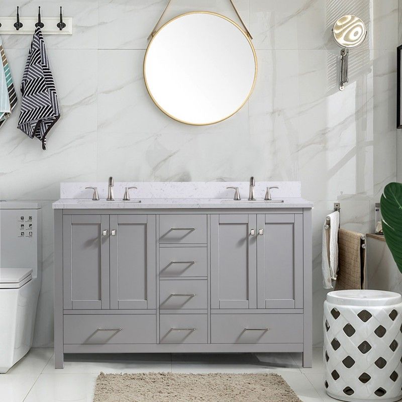 60 inch Cultured Marble Top Gray Bathroom Vanity Set 10060 Clearance