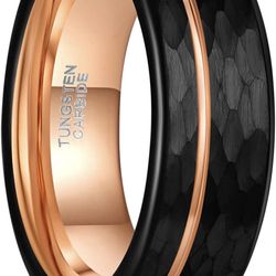 8MM Tungsten Carbide Rings for Men Hammered Rose Gold Line Multi Faceted Wedding Band Brushed Matte Finished Comfort Fit