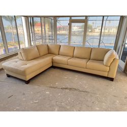 Beige Butter Yellow Leather 6 Seat Sectional