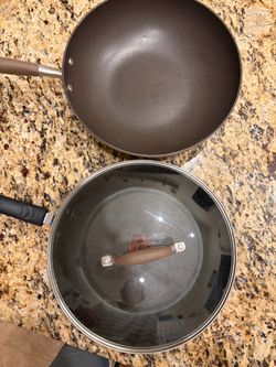 3 Pieces: 12 inch T-fal Non-Stick Frying Pan and Anolon Wok with Lid that Fits both.