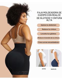 Women's butt-shaping and tummy-control shorts with hook-and-zip closure and waist-cinching lifting effect.