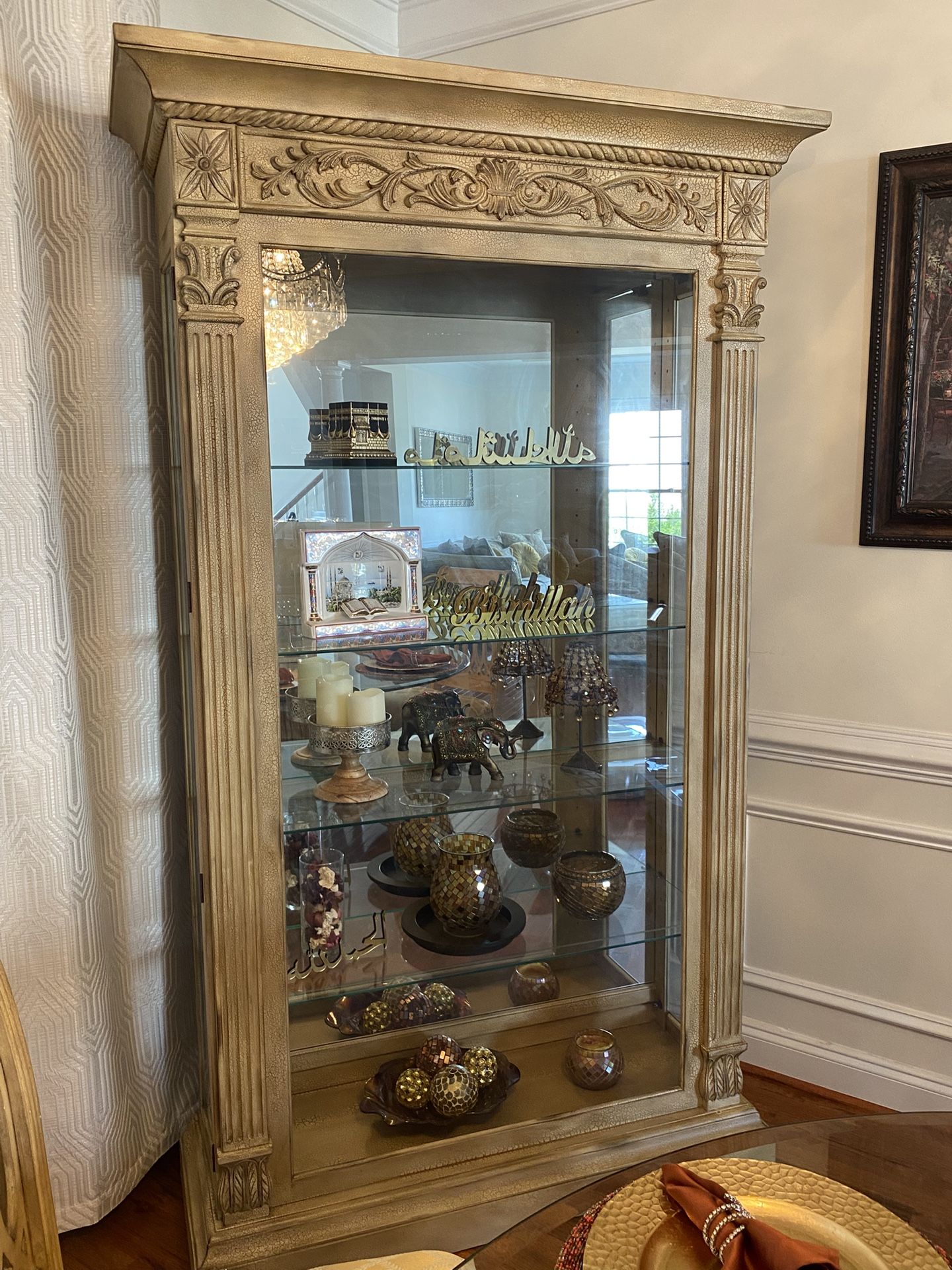 Hand Crafted China Cabinet- Glass Shelves- Mirrored Back- Display Light.