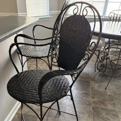 Counter Height Black Rattan Weave / Wrought Iron Bar Stools, Set of 4