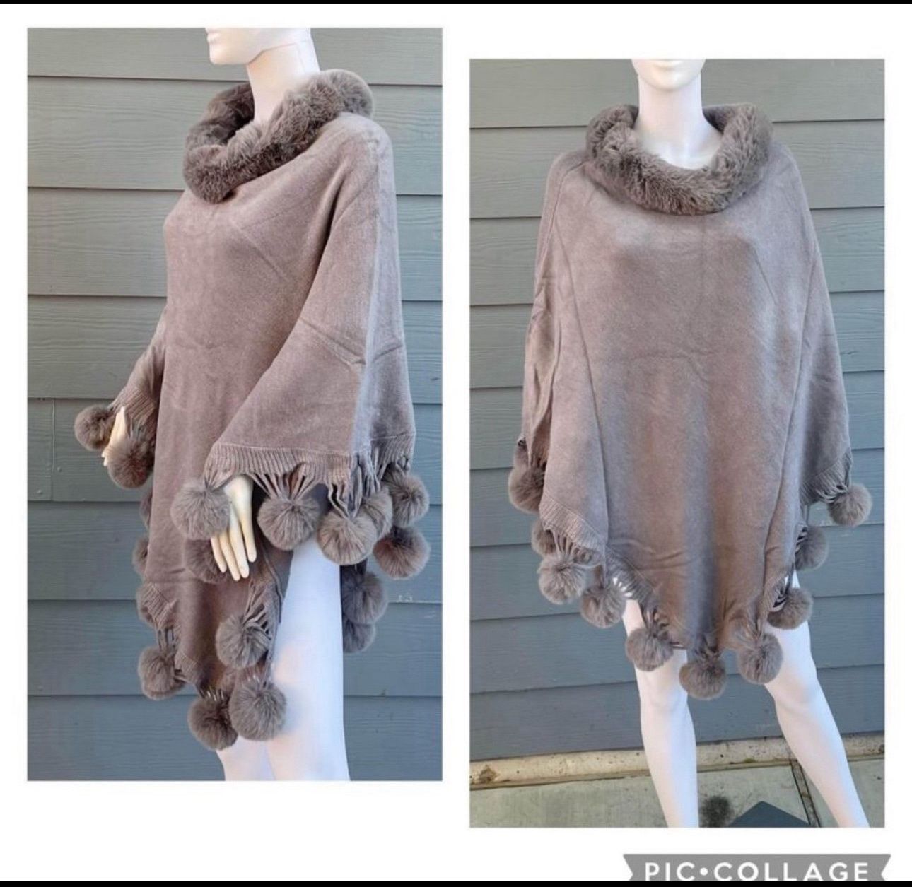 New Women’s pull over Faux Fur poncho size One size Fits up to xl Fur balls attached Round neck sweater Very cozy and soft New with tags Very spaci