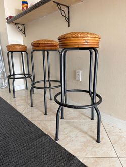 Set of 3 Vintage Mid-Century Rattan Stools