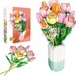 Flower Bouquet Building Set Tulips Rose with Vase for Adults - 1011 pcs