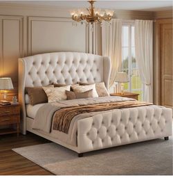 King Platform Bed Frame, Upholstered, Wooden Slats Tall Wingback Tufted Headboard and Footboard, No Box Spring Needed, Cappuccino Beige, URMB884W01