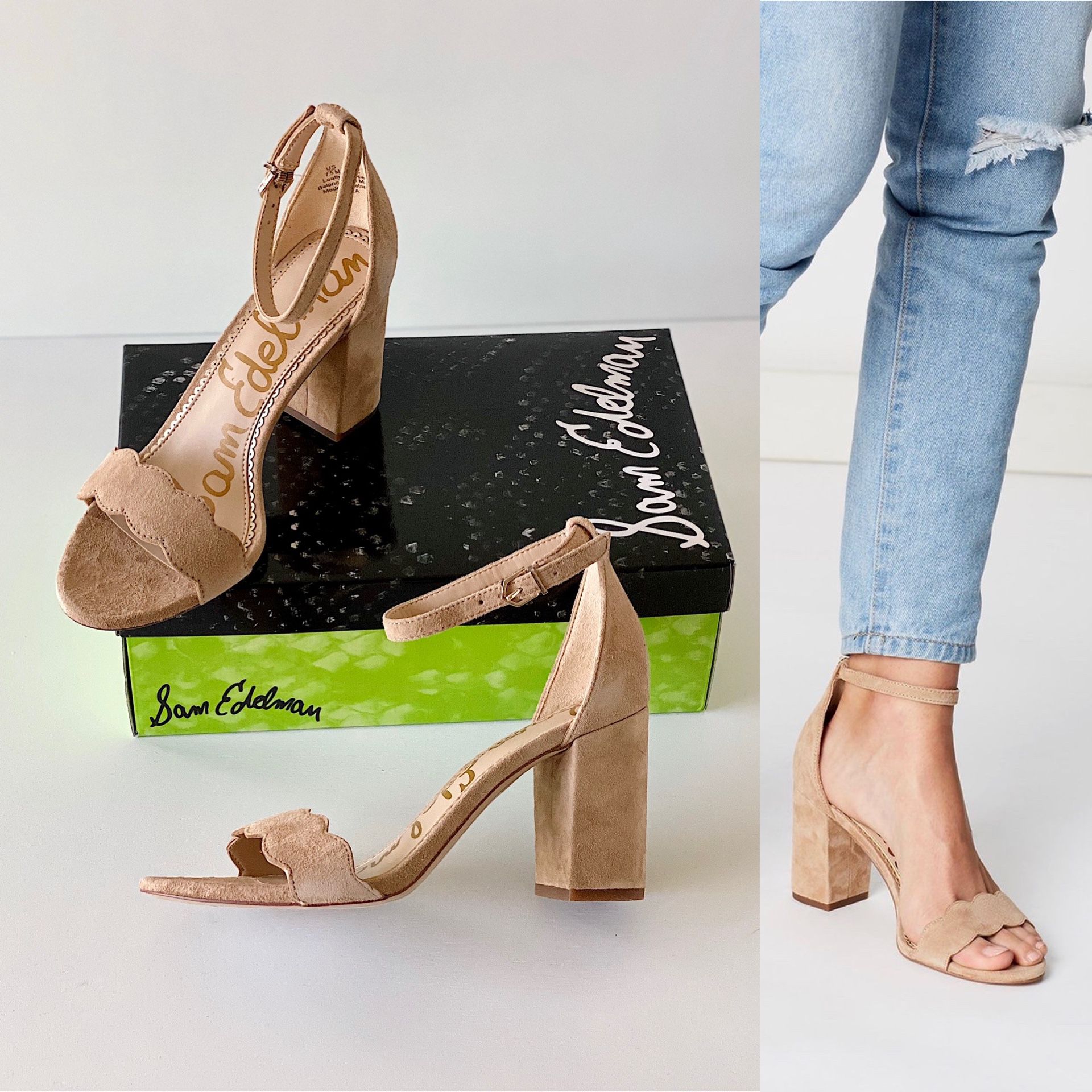 ✨New SAM EDELMAN Odila Camel Suede Ankle Strap Heel Sandals Womens Shoes Size 7.5M