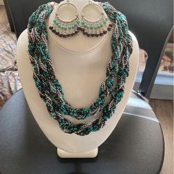 Turquoise,Brown And Silver beaded Necklace And Earring Set