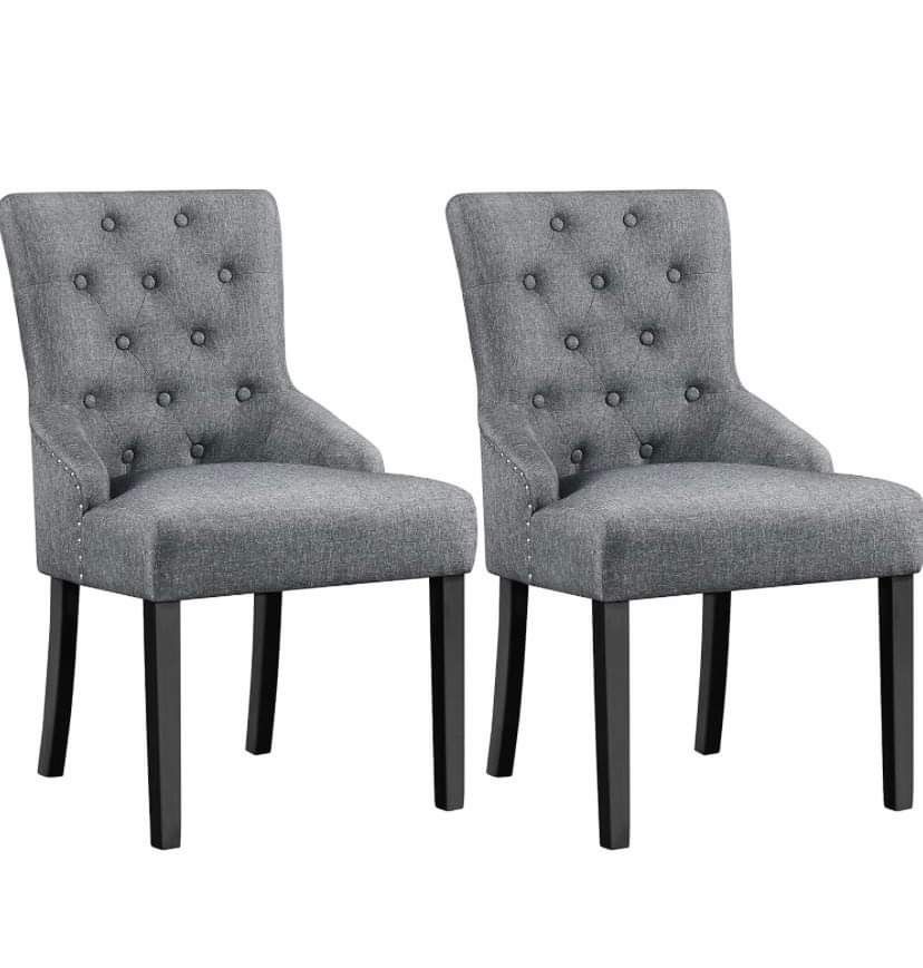 Set of 2 Dining Chairs Upholstered Dining Chairs Tufted Dining Room Chairs, Dark Gray