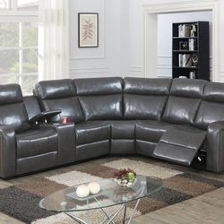 Brand New Grey Leather Reclining Sectional Sofa