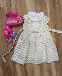 4T girl's dress, shoes, and a bag