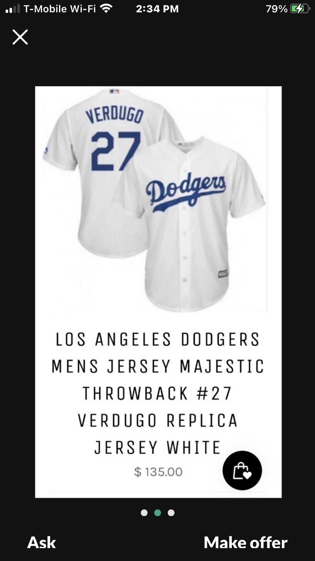 A $85 Paid $120+ Tax DODGERS MENS JERSEY MAJESTIC THROWBACK #27 VERDUGO for  Sale in Moreno Valley, CA - OfferUp