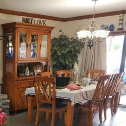 Dining room set, hutch, table and chairs, entry table, also coffee table and end table