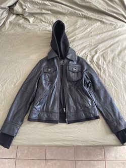 Small Women's Black Hooded Leather Jacket — Removable Hood (Angel Jackets)