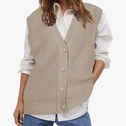 Beige Oversized Sleeveless knit vest cardigan with sparkling buttons