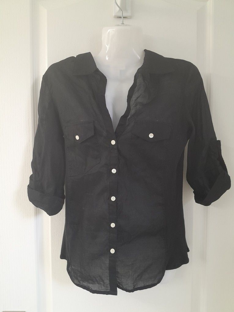 V-Neck Black Button-Up Women's Top