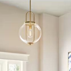 1-Light Vintage Brass Pendant with Clear Glass Globe Shade