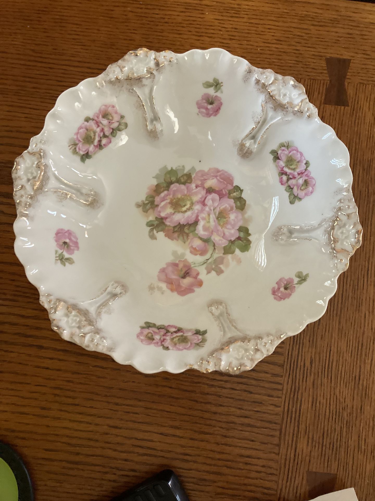VINTAGE PORCELAIN BOWL~GERMANY~WILD ROSES~10" X 3"~SHABBY COUNTRY ROSE