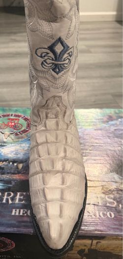 White Caiman Cowboy Boot with Fleur-de-Lis Embroidery