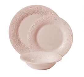 The Pioneer Woman Vintage Lace 12-Piece Ceramic Dinnerware Set, pink