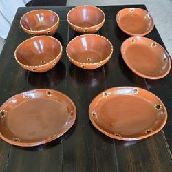 Set of 8 Mexican Clay / Terra Cota Plates And Bowls