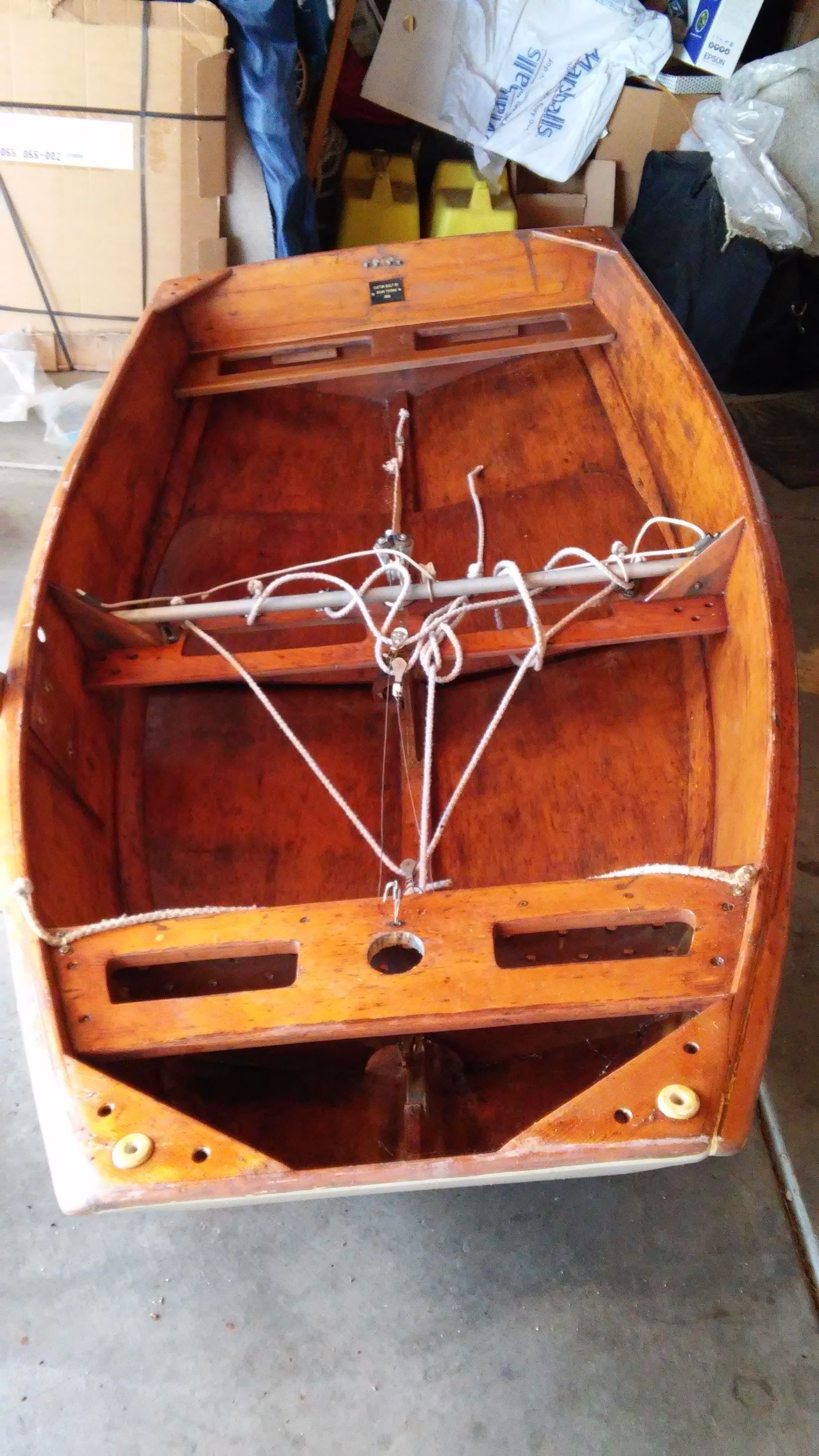 1966 "Brian Thomas" SABOT Sailboat Hull #4. Wood/fiberglass hull, Includes mast, sail, rudder, sideboard/stablizer.
